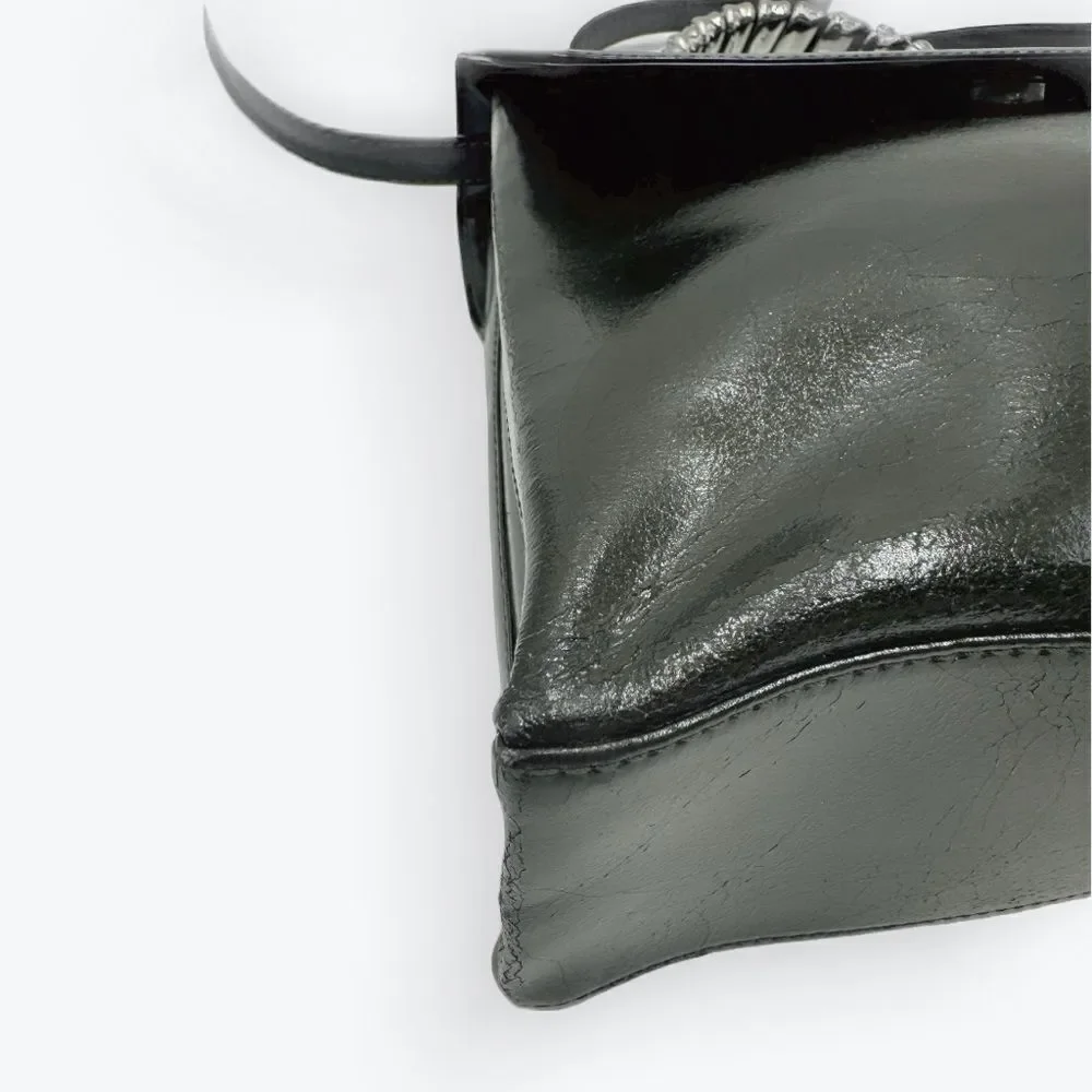 Auth Loewe Black Green Leather Top Handle 2way  Satchel Preloved Vtg Purse Bag
